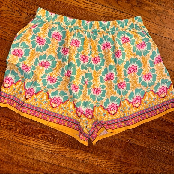 Natural Life Maribel Shorts Floral Mustard Teal Pink Elastic Waist Border - Picture 2 of 5